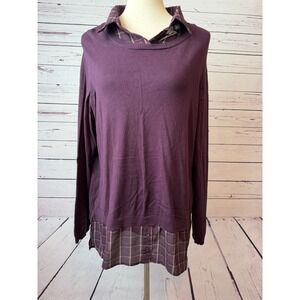 Adrianna Papell Sweater Extra Large Pullover XL Purple Plaid Layered 2fer Plaid